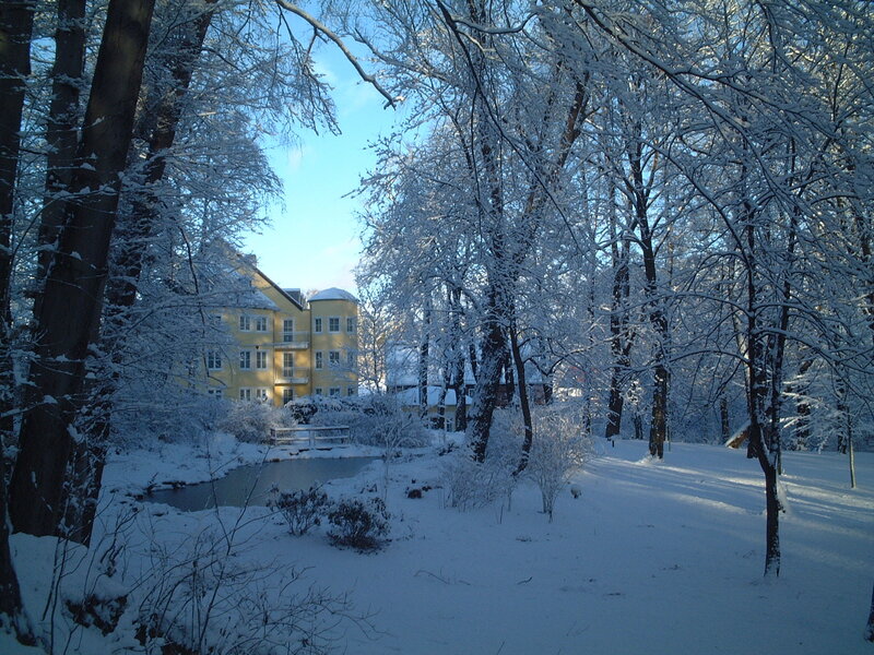 Snowy garden with yellow building
