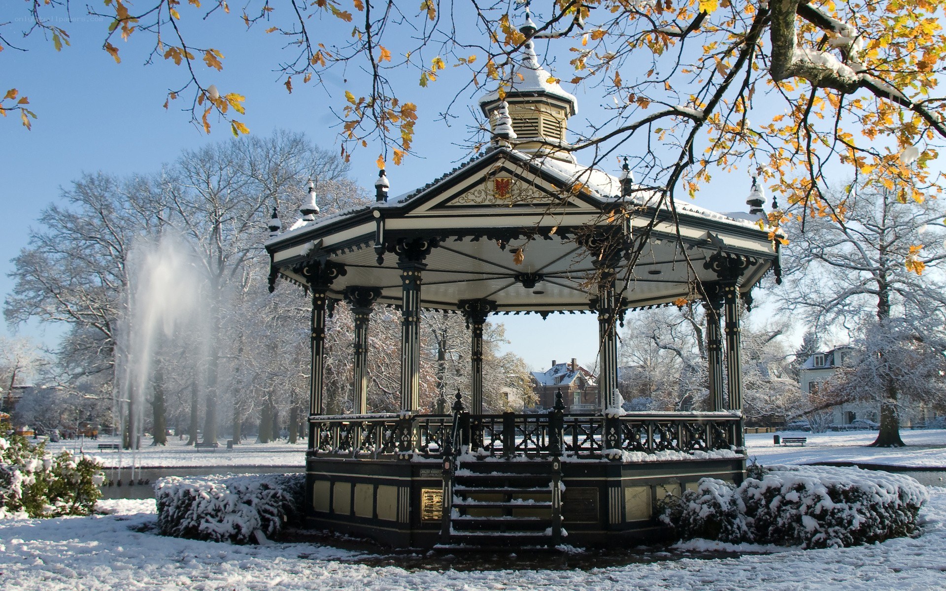 Snowy gazebo in a park