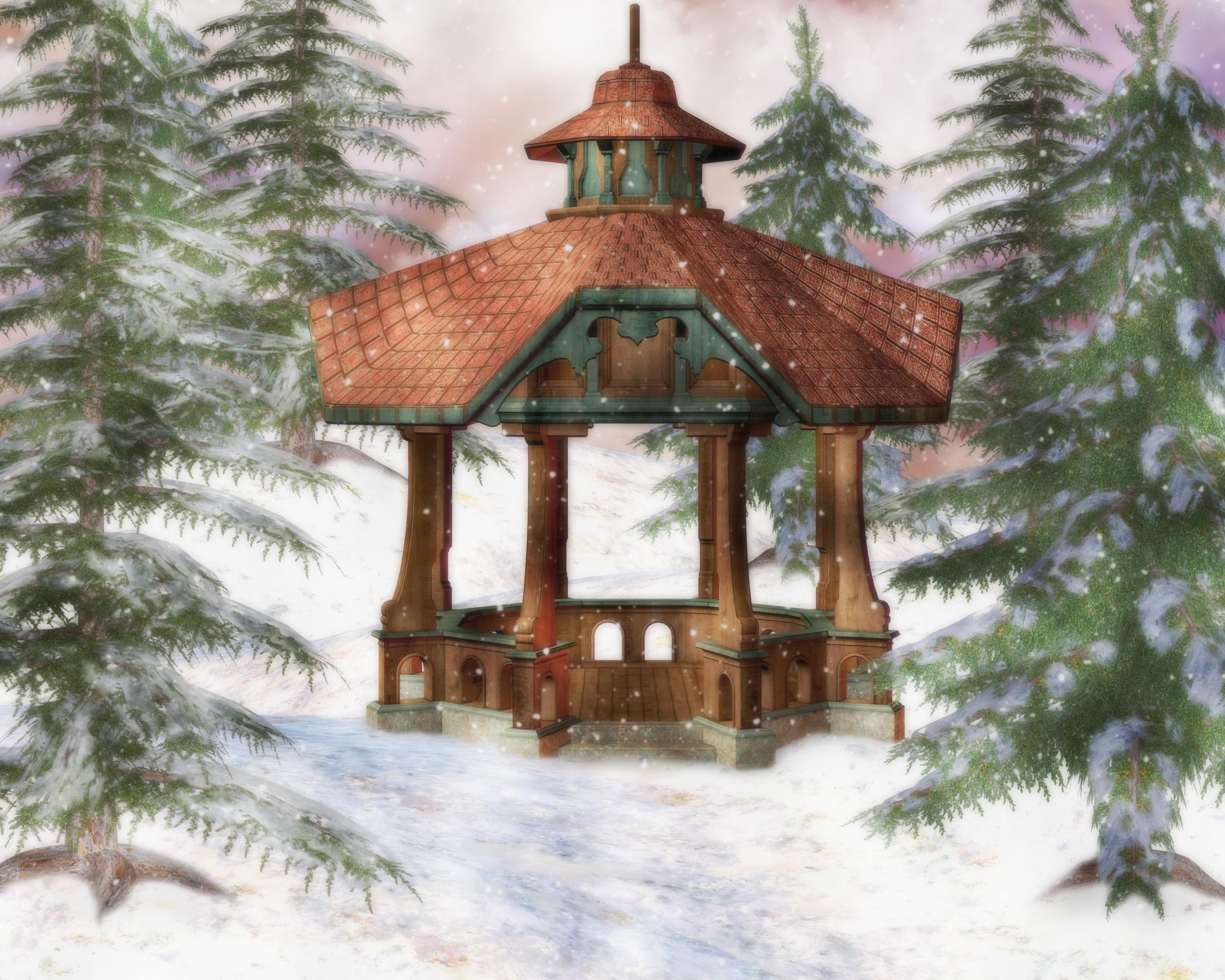 Snowy gazebo in forest
