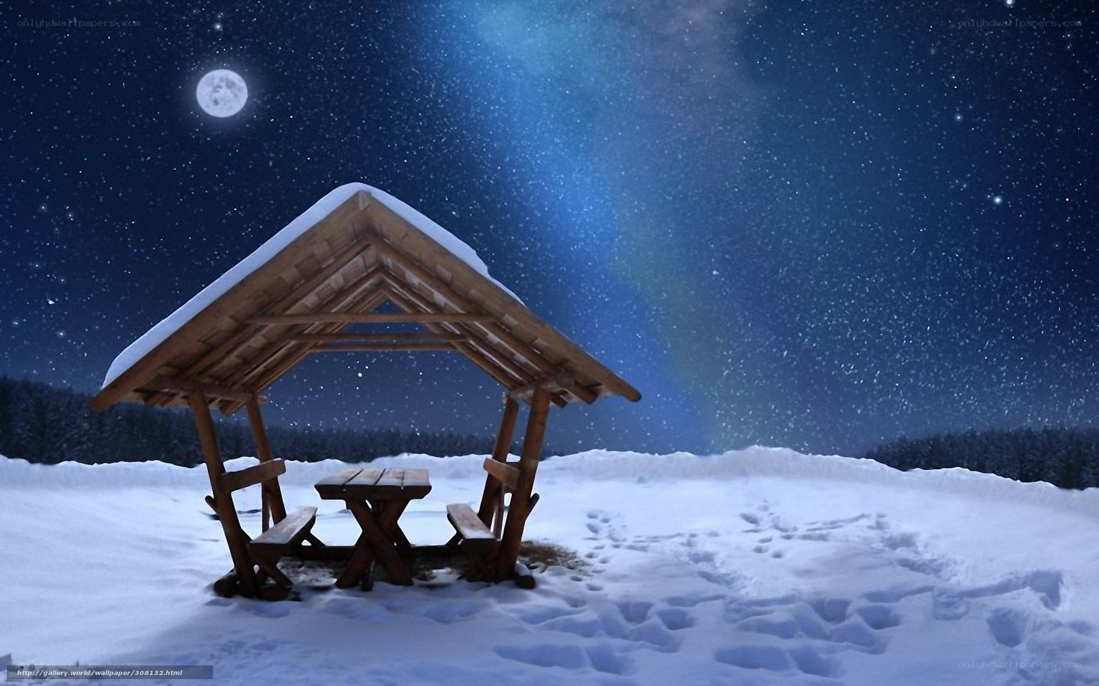 Snowy gazebo under starry sky