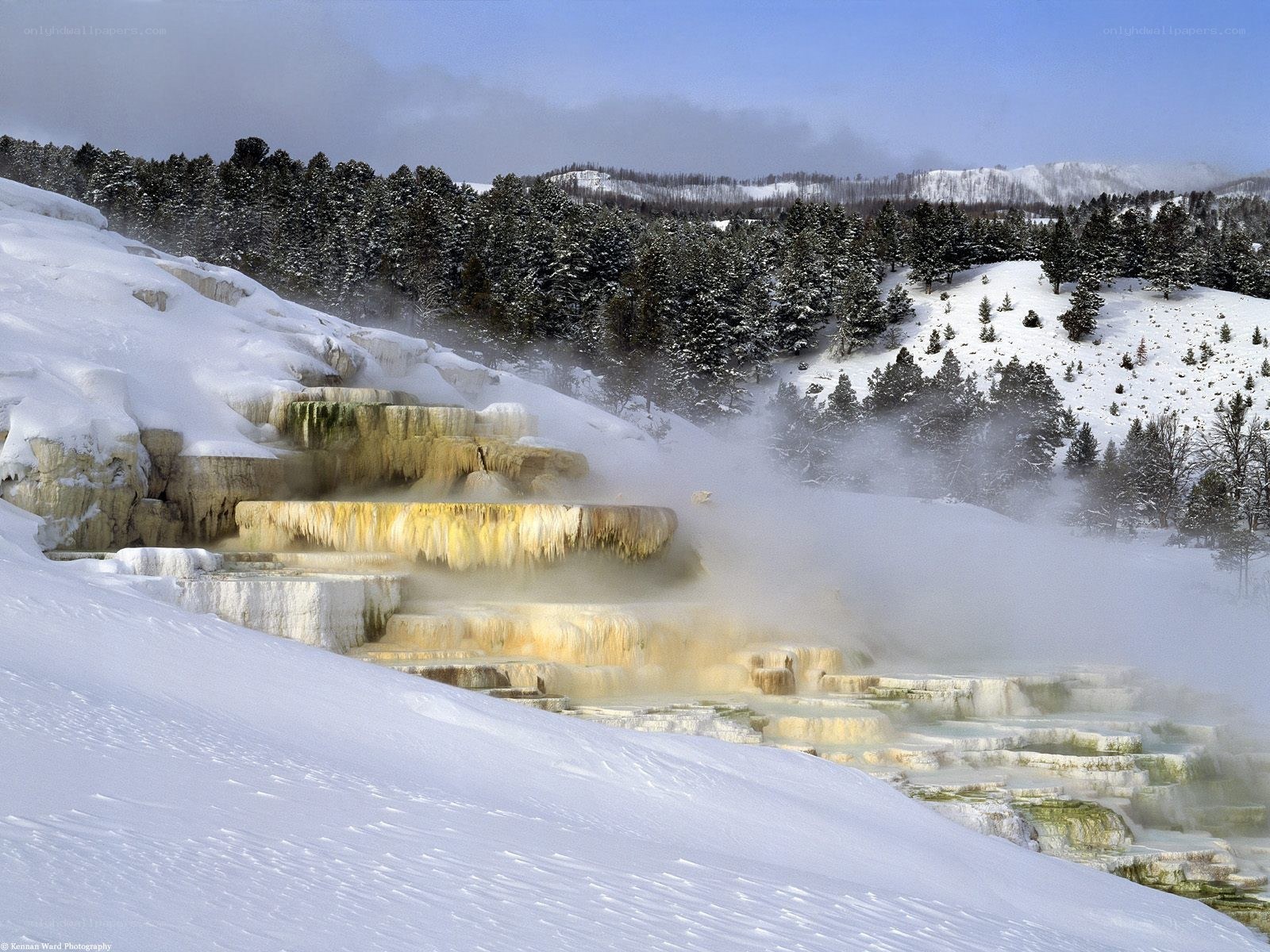 Snowy geothermal terraces