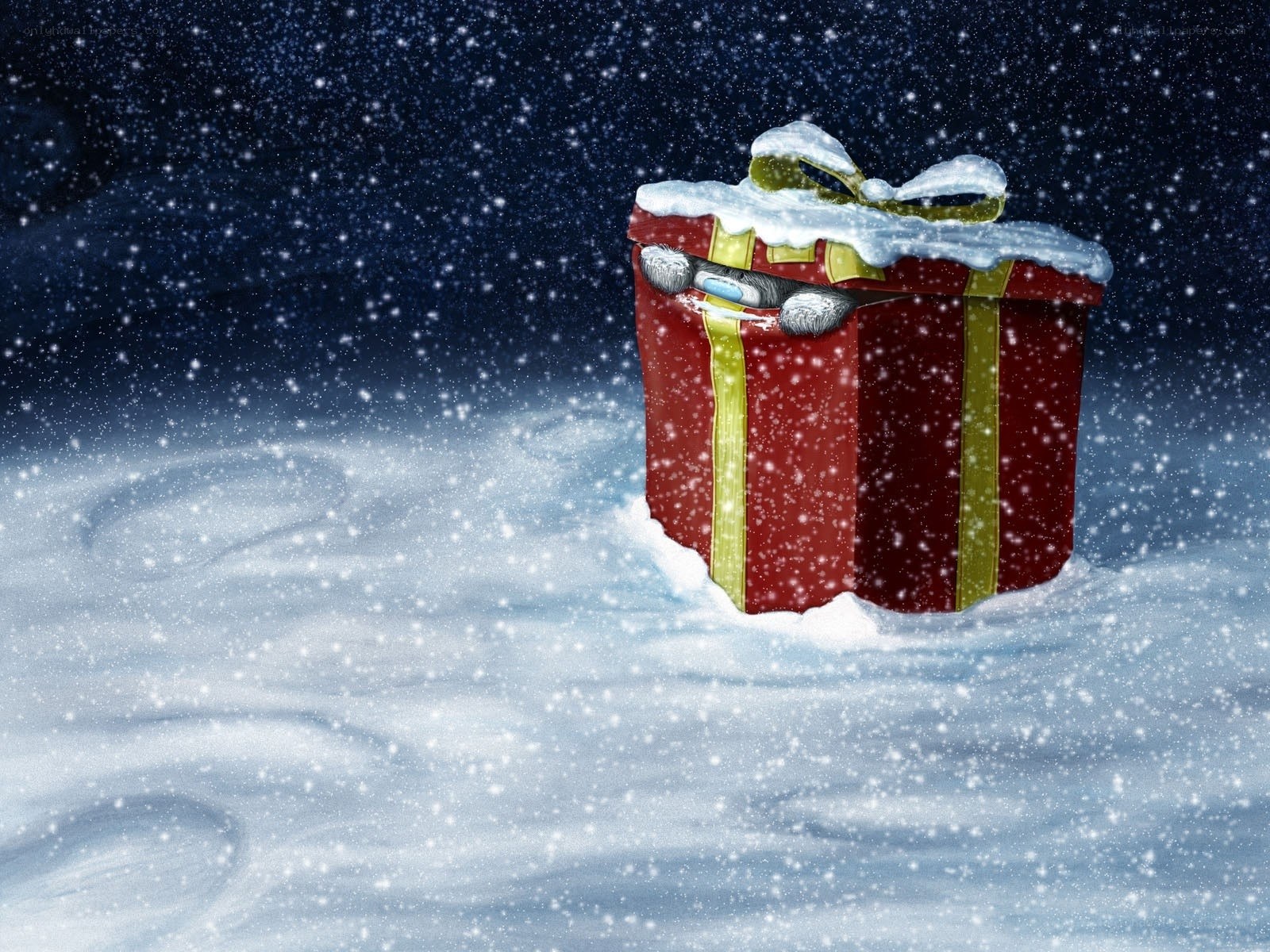 Snowy gift box at night