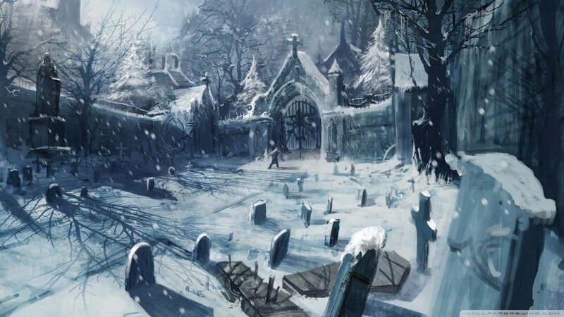 snowy graveyard scene