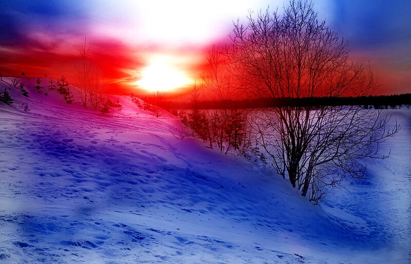 Snowy Hill at Sunset — Red