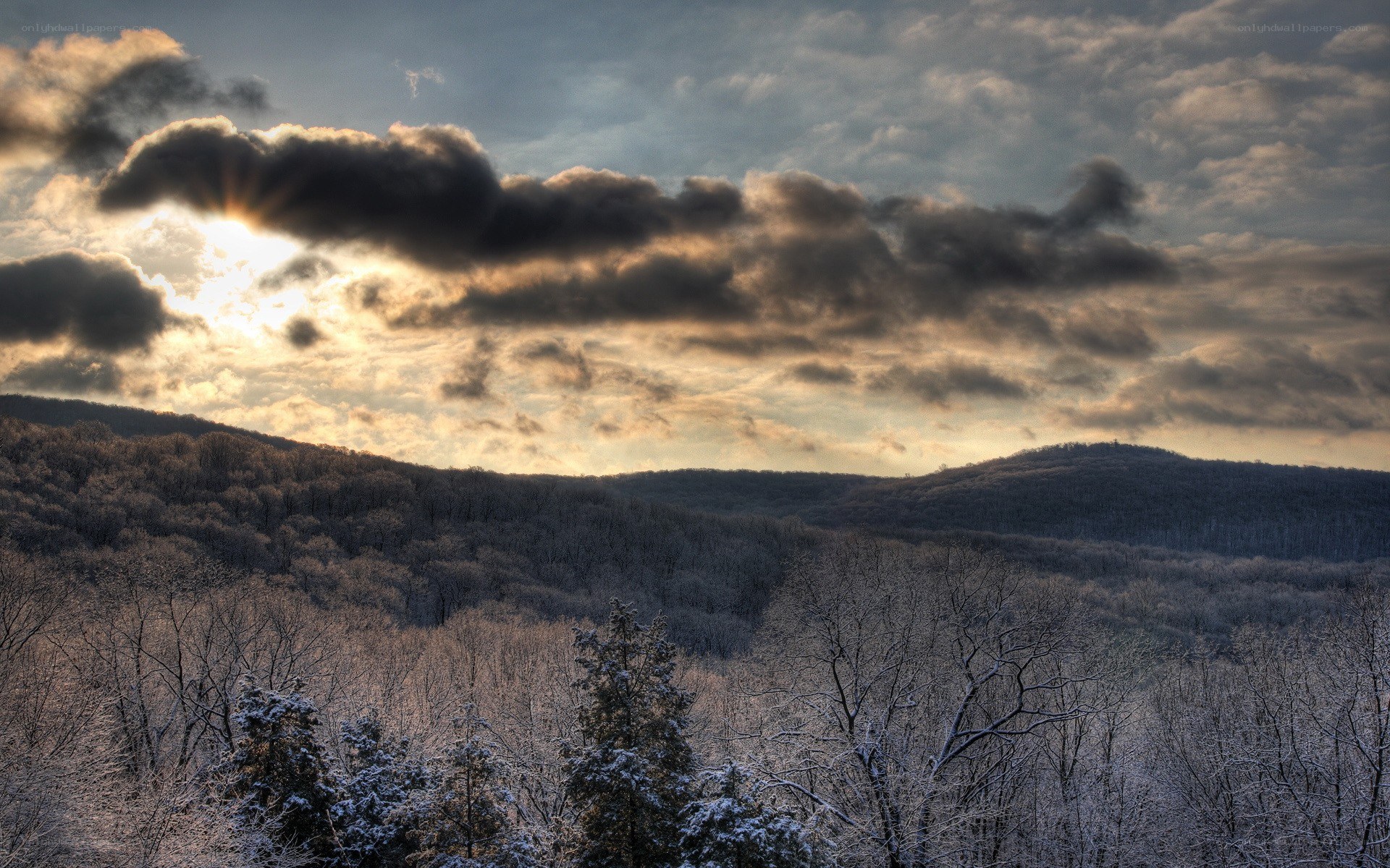 Snowy hills at sunset