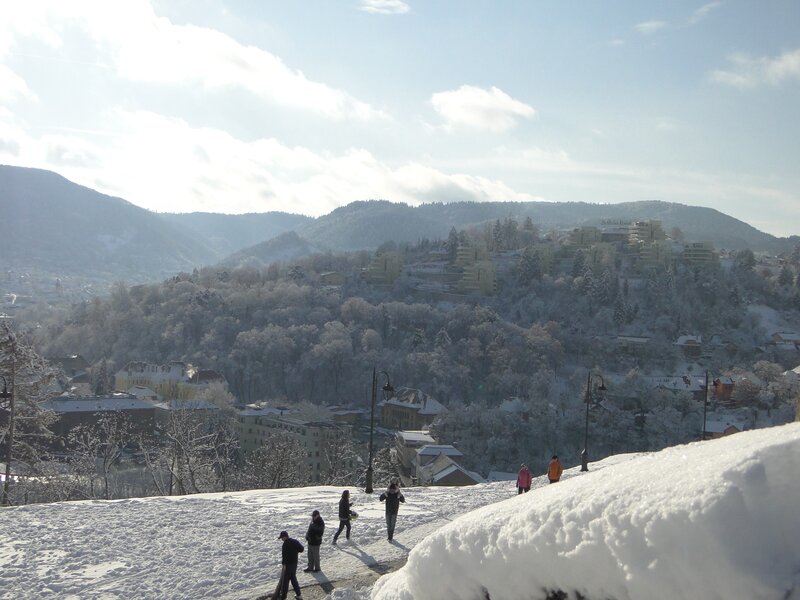 Snowy hillside town view