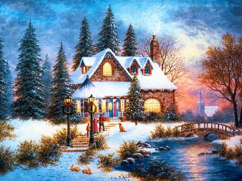 Snowy House at Dusk — Blue, Peaceful