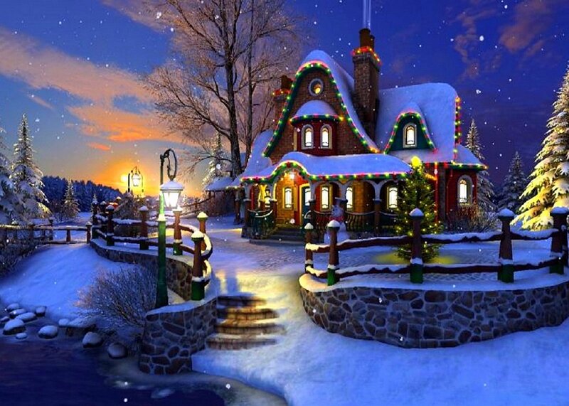 Snowy House at Dusk — Blue, Peaceful, Winter