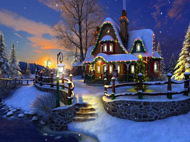 Snowy House at Dusk — Blue