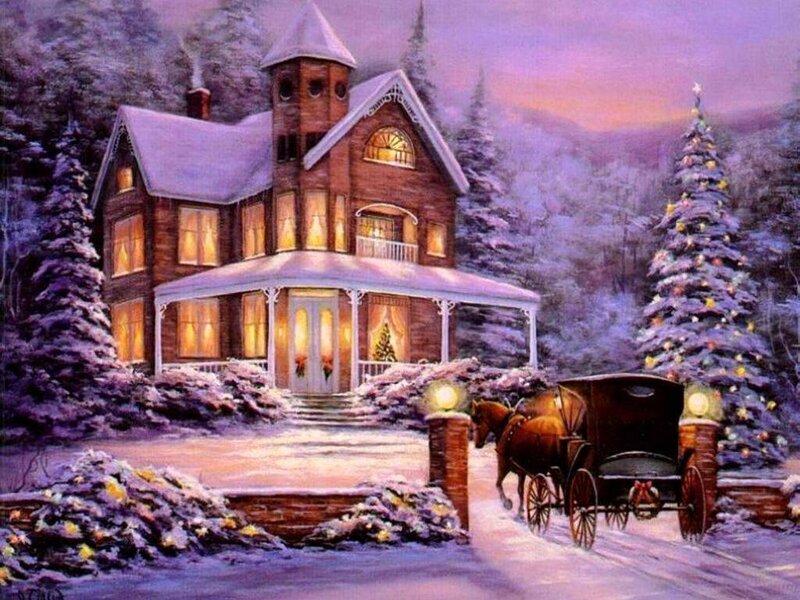 Snowy House at Dusk — Purple, Serene