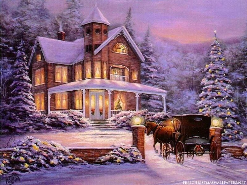 Snowy House at Dusk — Purple