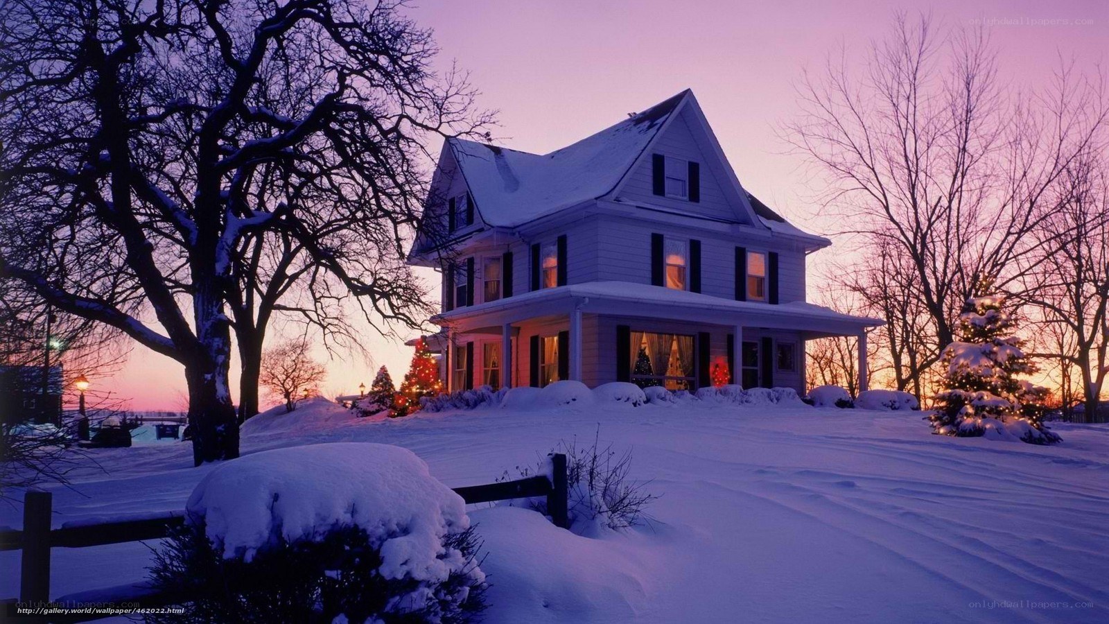 Snowy house at dusk