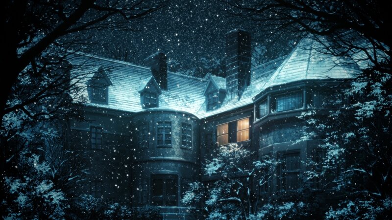 Snowy House at Night — Blue, Dark