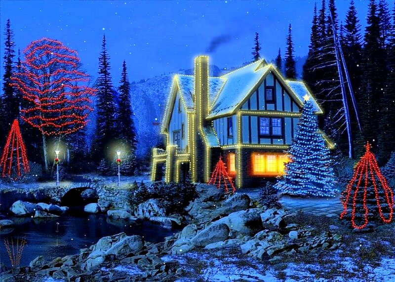 Snowy House at Night — Blue, Festive, Digital Art