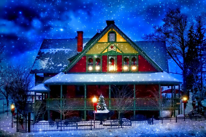 Snowy House at Night — Blue, Festive