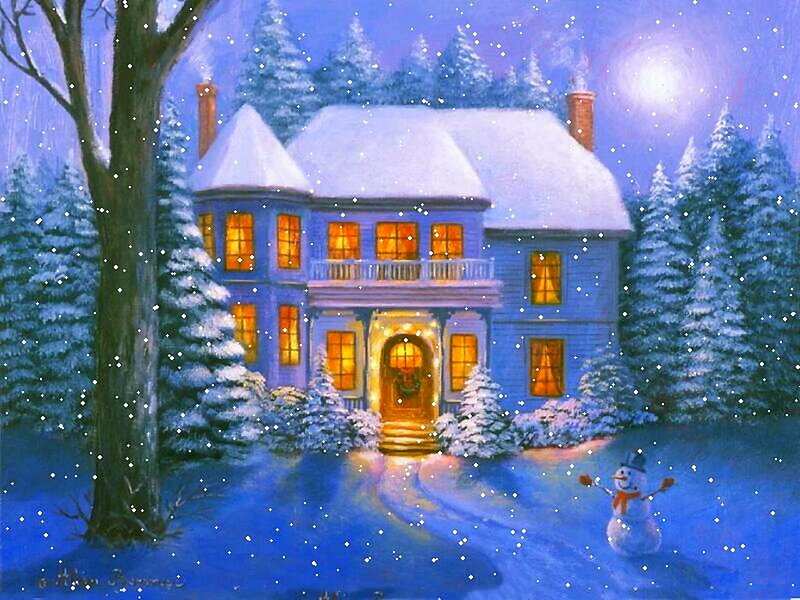 Snowy House at Night — Blue, Peaceful, Painting, Snowman