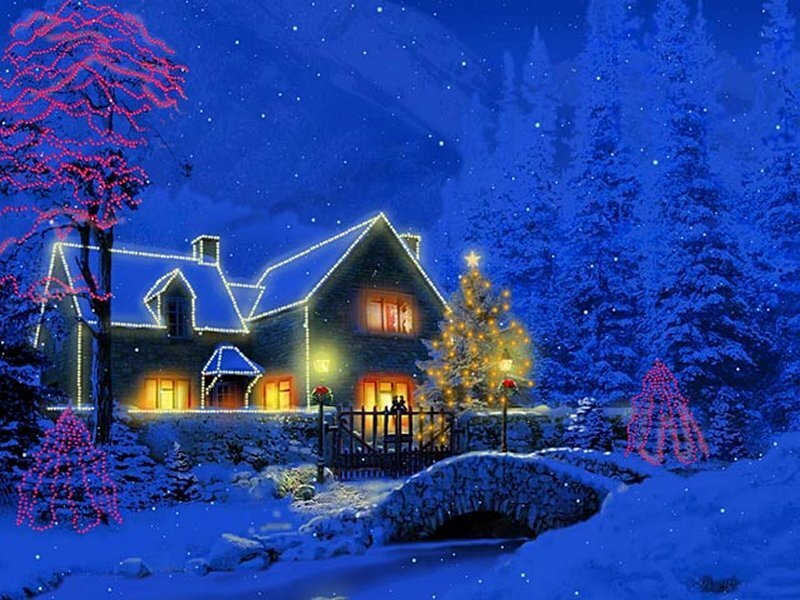 Snowy House at Night — Blue, Peaceful