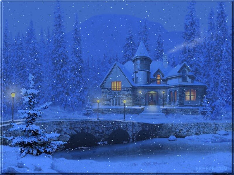 Snowy House at Night — Blue, Serene, Digital Art