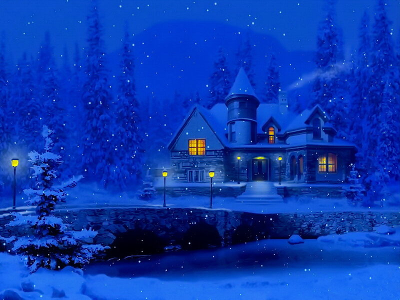 Snowy House at Night — Blue, Serene, Digital Art, Trees