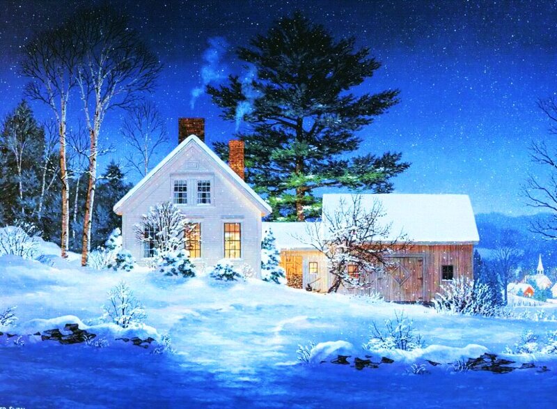 Snowy House at Night — Blue, Serene