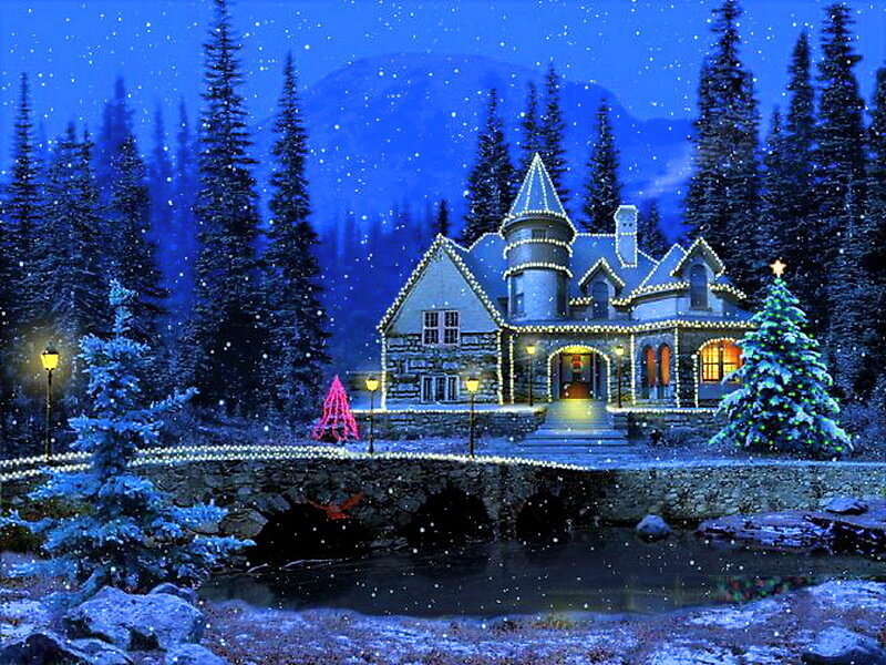 Snowy House at Night — Blue