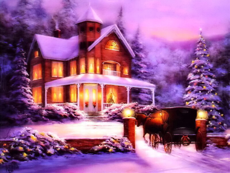 Snowy House at Night — Purple