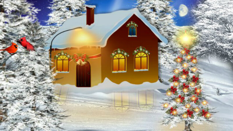 Snowy House at Night — Red