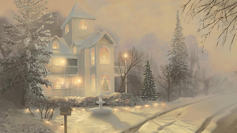 Snowy House at Night — White, Serene, Digital Art