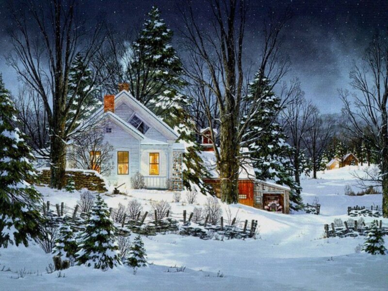 Snowy House at Night — White, Serene