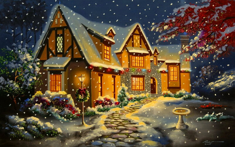 Snowy House at Night — Yellow