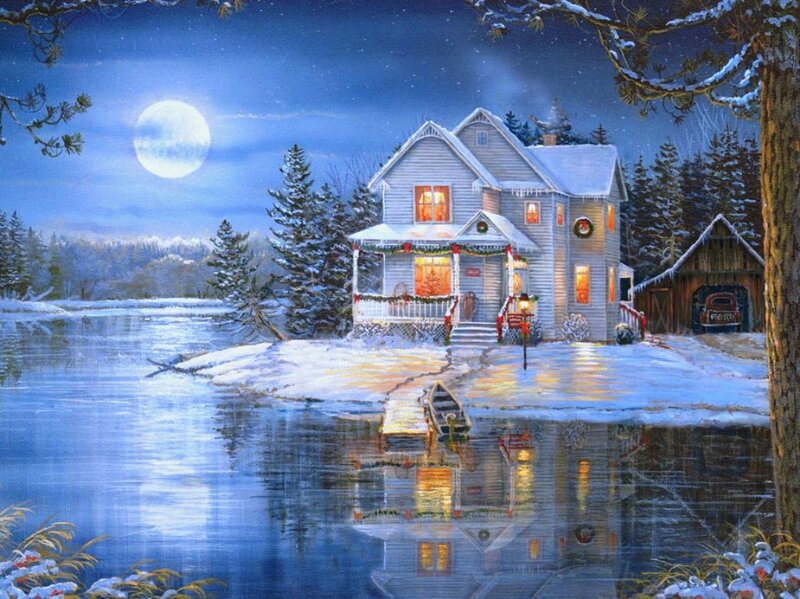 Snowy House by Lake — Blue