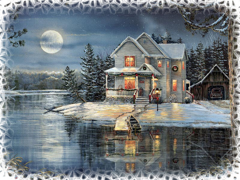 Snowy House by Lake