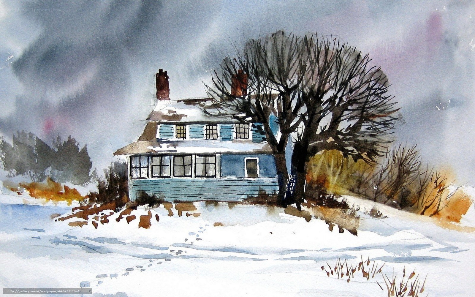 Snowy house in winter landscape