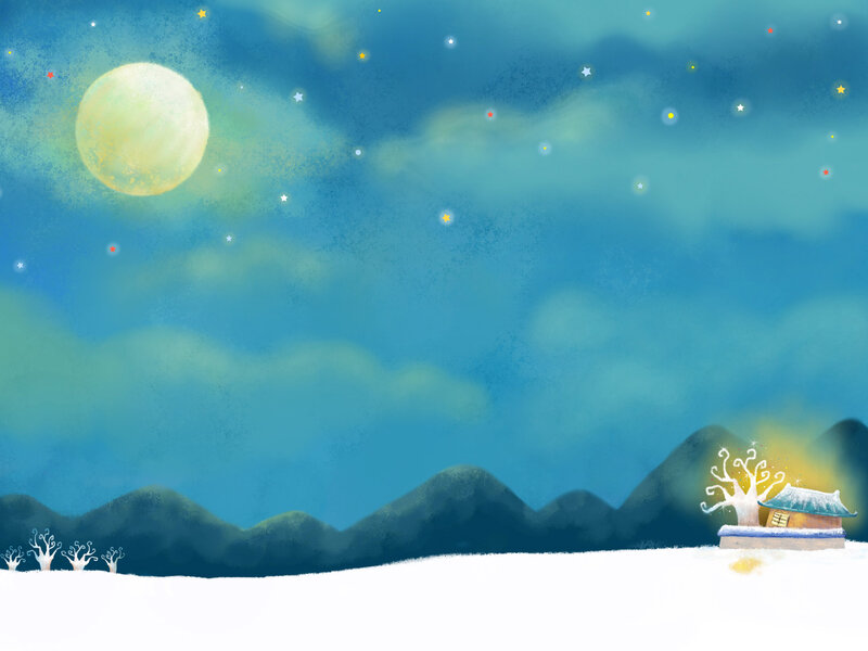 Snowy House under Moon — Blue, Serene