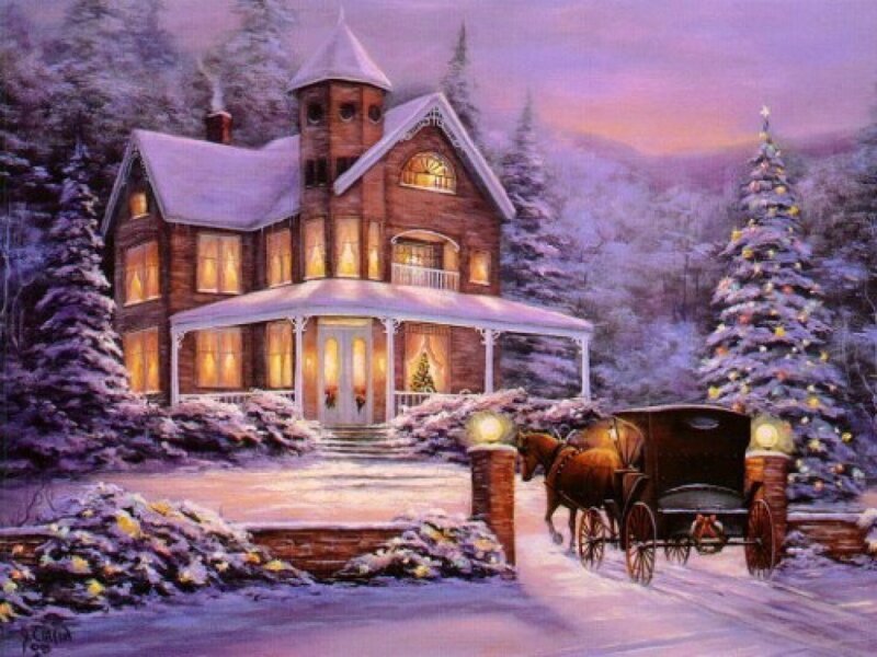 Snowy House with Carriage — Purple