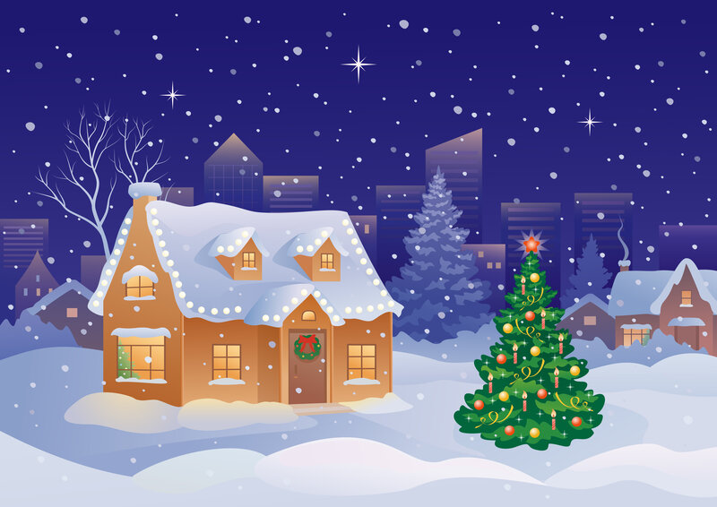 Snowy House with Christmas Tree — Blue, Peaceful