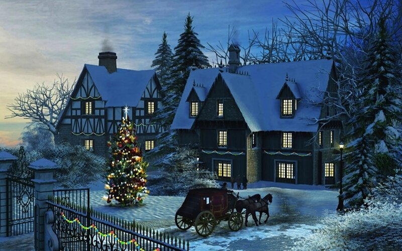 Snowy House with Christmas Tree — Blue
