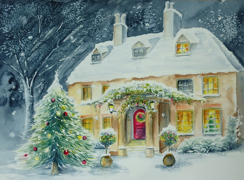Snowy House with Christmas Tree — White, Cozy