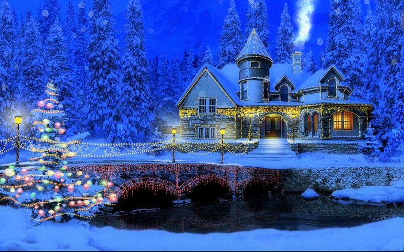 Snowy House with Lights — Blue, Festive