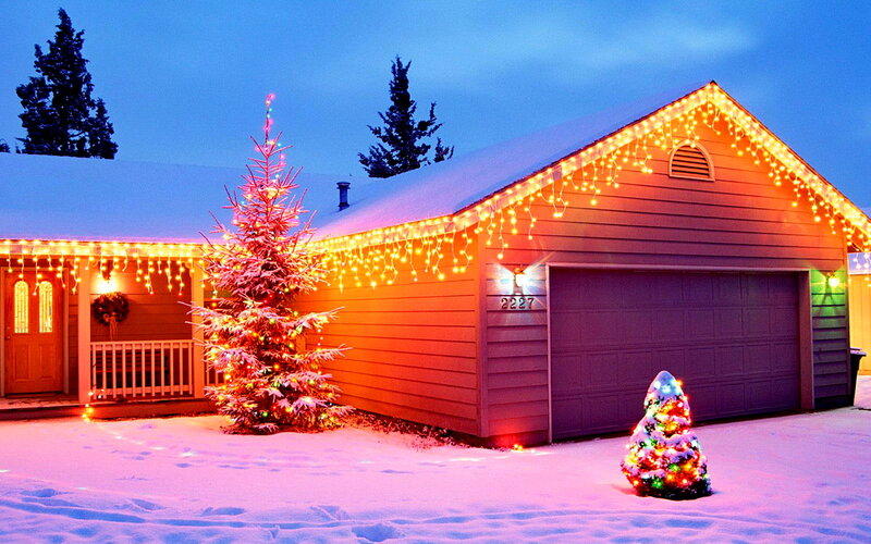 Snowy House with Lights — Blue