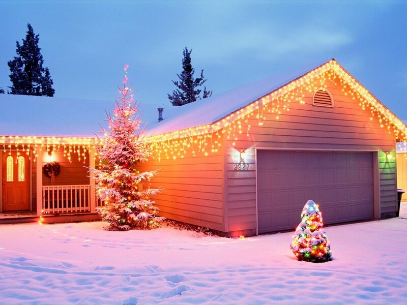 Snowy House with Lights — White