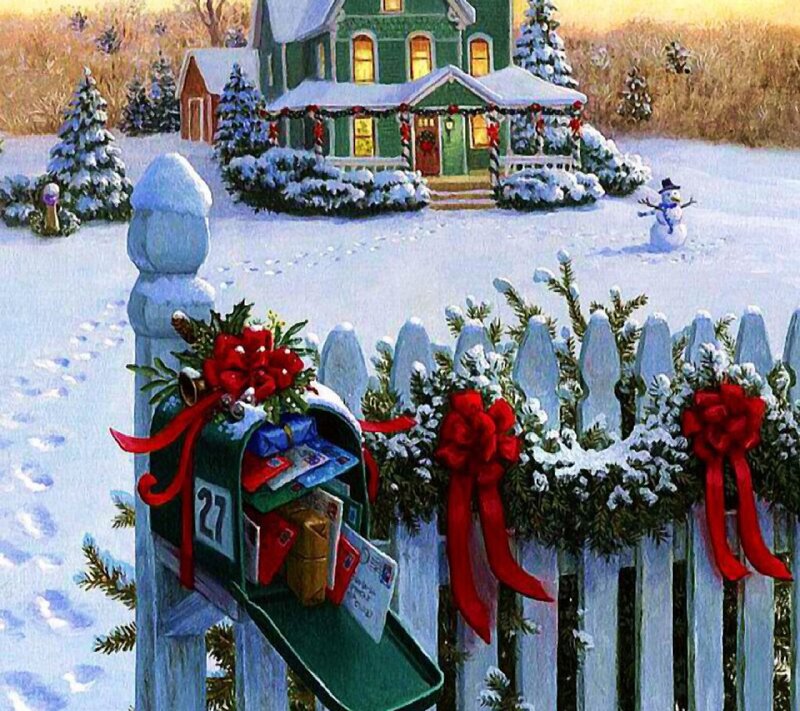 Snowy House with Mailbox — White