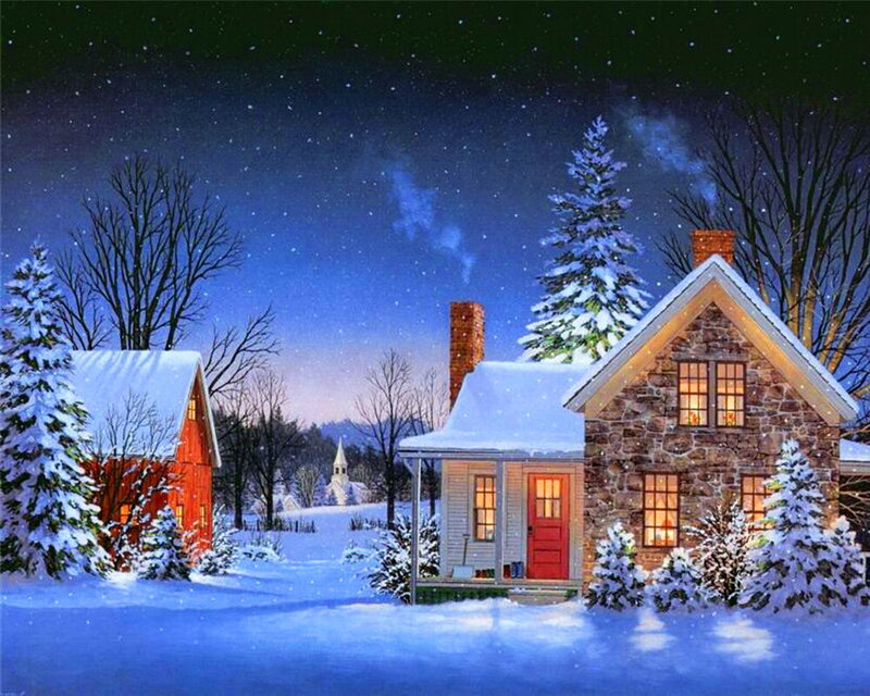 Snowy Houses at Night — Blue, Serene