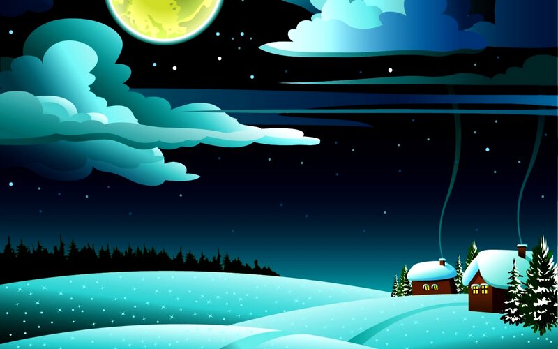 Snowy Houses at Night — Blue