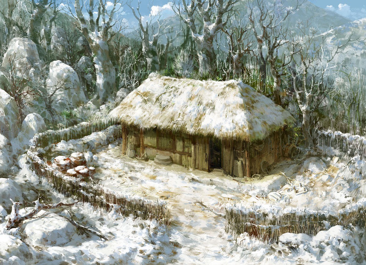 Snowy hut in winter forest