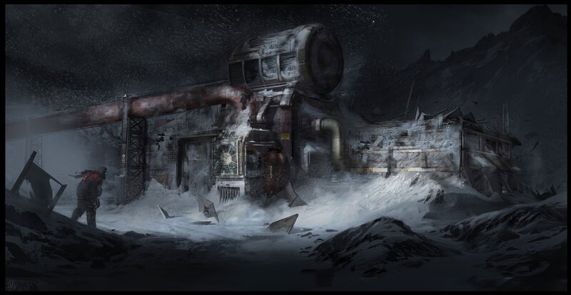 snowy industrial ruin