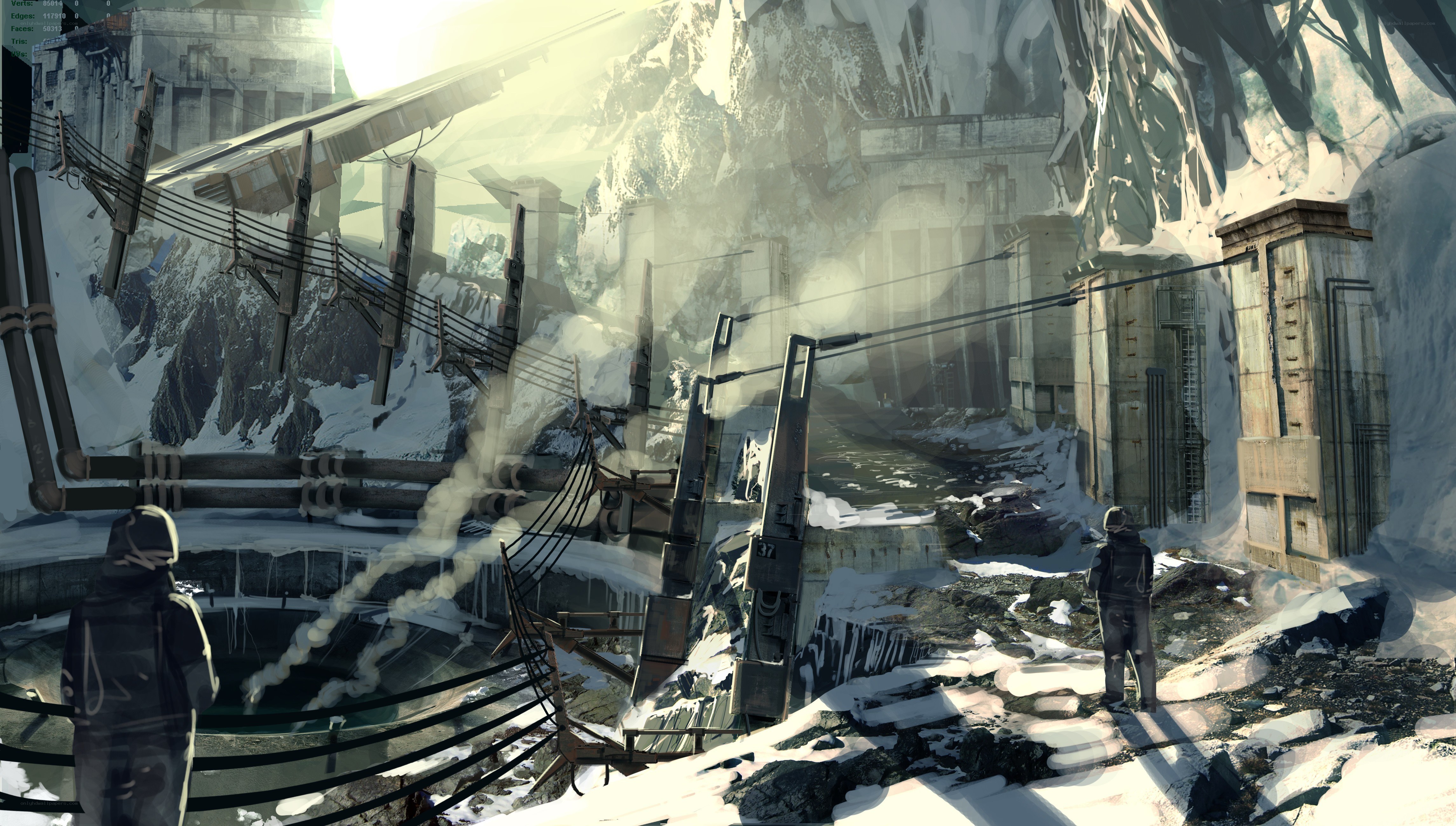 snowy industrial ruins