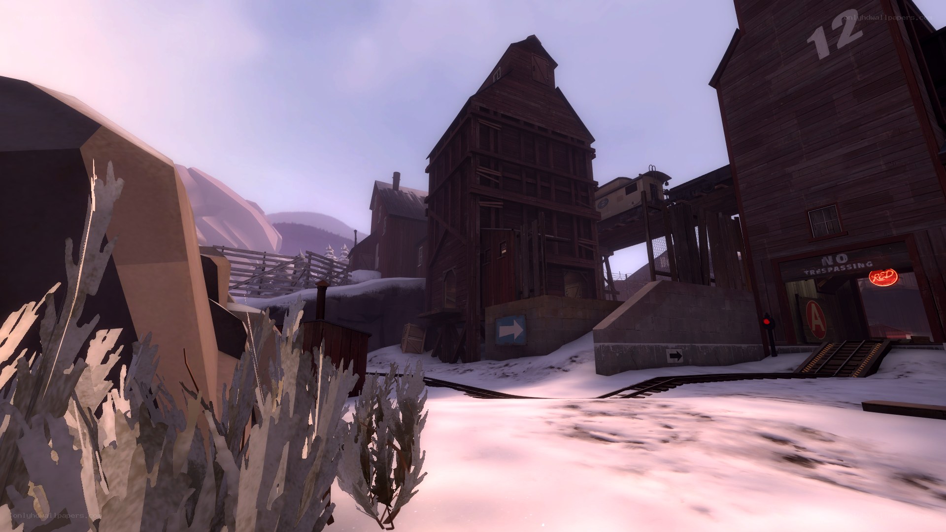 snowy industrial town scene