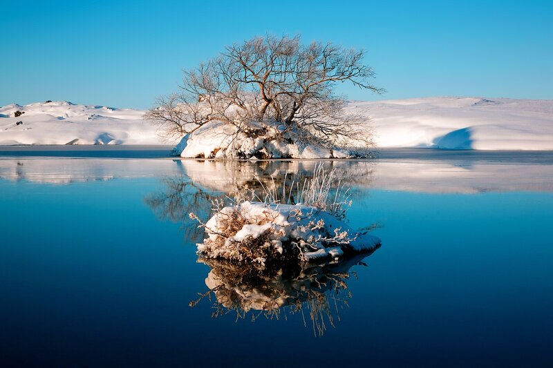 Snowy island in calm lake