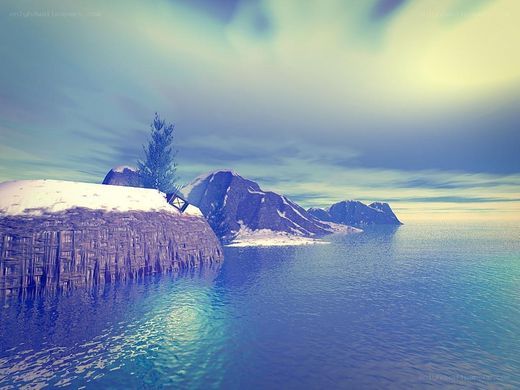 snowy island with lone tree